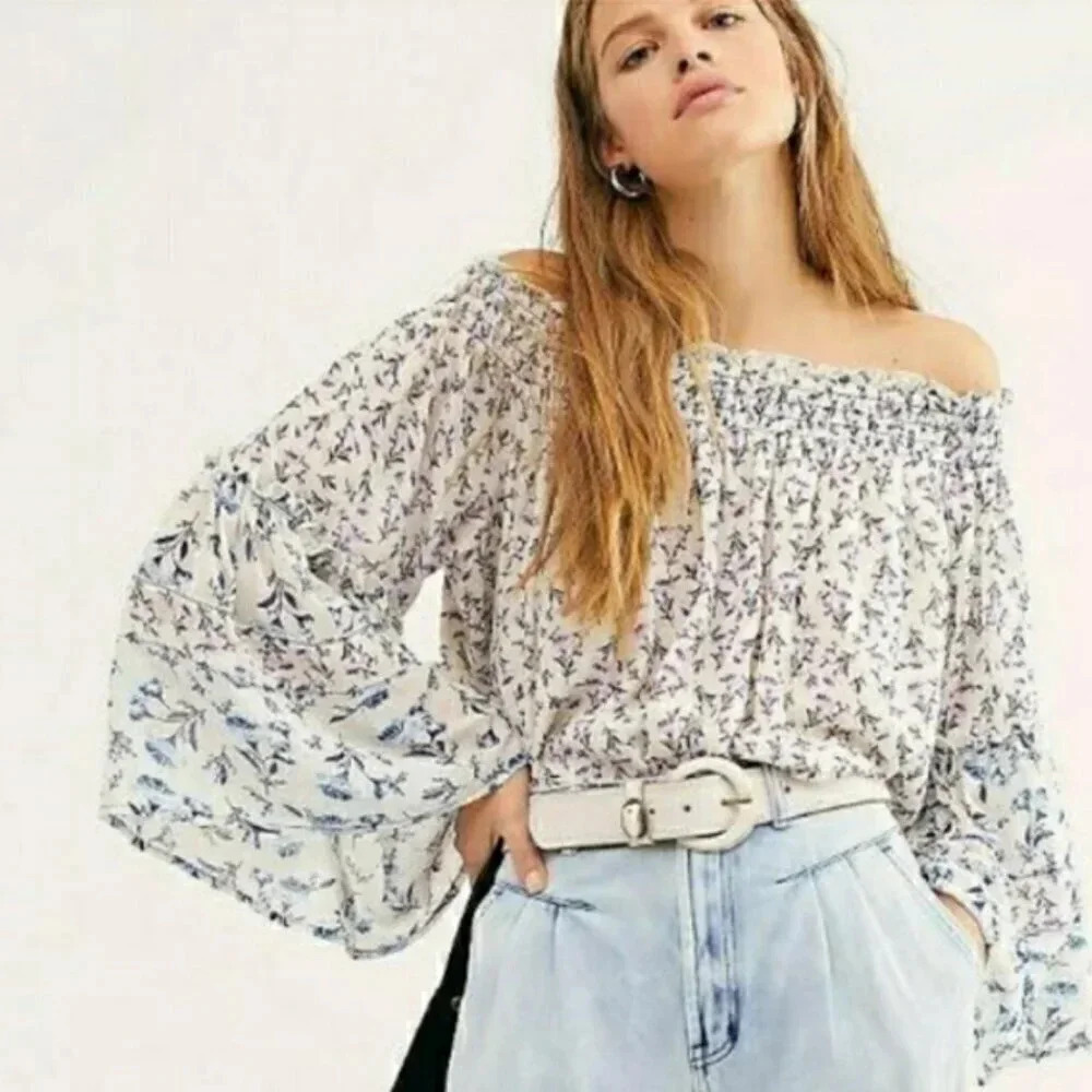 Free People Off the Shoulder Floral Boho Peasant Top